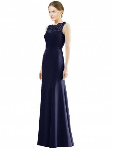 Online Blu marino scuro Stile sirena Illusione Chiffona Pizzo Lunga Abiti da damigella donore