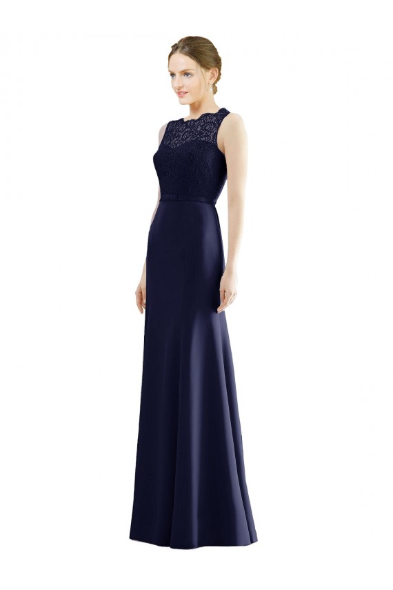 Online Blu marino scuro Stile sirena Illusione Chiffona Pizzo Lunga Abiti da damigella donore