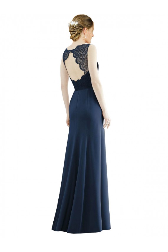 Online Blu marino scuro Stile sirena Illusione Chiffona Pizzo Lunga Abiti da damigella donore