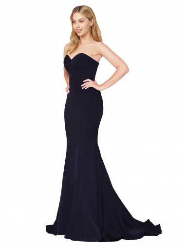 Online Blu marino scuro Stile sirena Innamorato Alto Collo Sweep treno Crespo Elastico Lunga Formali Abiti da damigella donore / Abiti da sera / Abiti da ballo