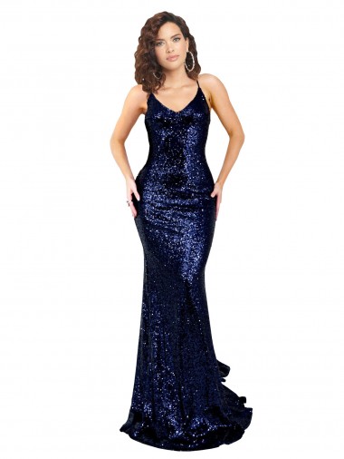 Online Blu marino scuro Stile sirena Scollatura a V Paillettes Lunga Formali Abiti da damigella donore / Abiti da sera / Abiti da ballo