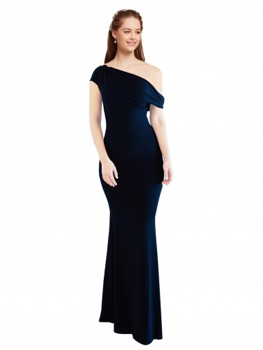 Online Blu marino scuro Stile sirena Una spalla Crespo Elastico Lunga Formali Abiti da damigella donore / Abiti da sera / Abiti da ballo