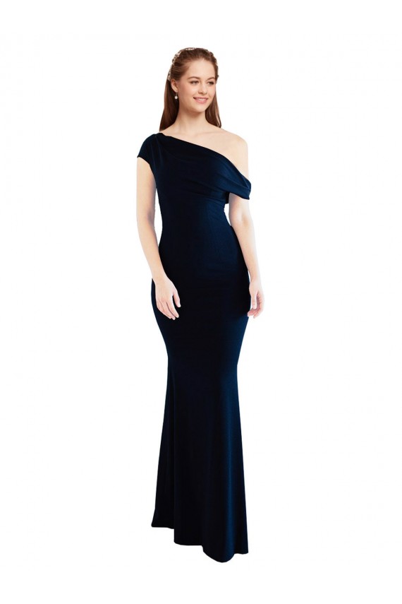 Online Blu marino scuro Stile sirena Una spalla Crespo Elastico Lunga Formali Abiti da damigella donore / Abiti da sera / Abiti da ballo