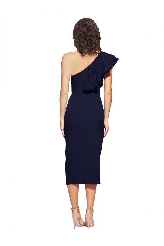 Online Blu marino scuro Tubino Una spalla Midi Crespo Elastico Corto Abiti da damigella donore / Abiti da sera / Abiti da cocktail