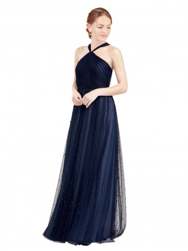 Online Blu navy 21 Linea A Capestro Tulle Lunga Abiti da damigella donore