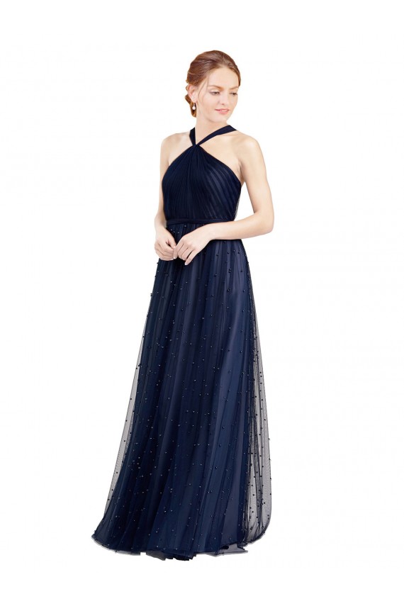 Online Blu navy 21 Linea A Capestro Tulle Lunga Abiti da damigella donore