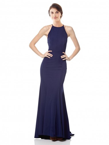 Online Blu navy Stile sirena Capestro Alto Collo Crespo Elastico Lunga Formali Abiti da damigella donore / Abiti da sera / Abiti da ballo