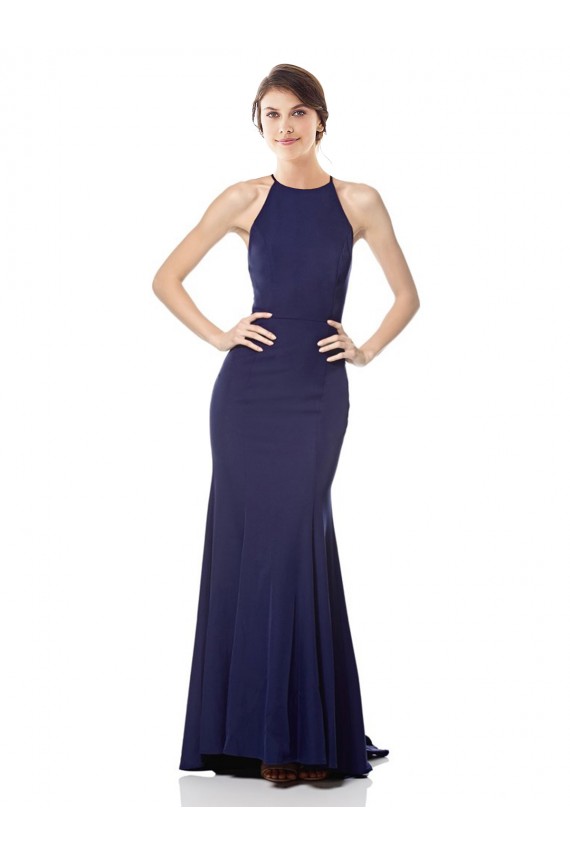 Online Blu navy Stile sirena Capestro Alto Collo Crespo Elastico Lunga Formali Abiti da damigella donore / Abiti da sera / Abiti da ballo