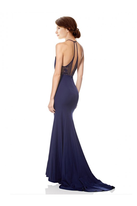 Online Blu navy Stile sirena Capestro Alto Collo Crespo Elastico Lunga Formali Abiti da damigella donore / Abiti da sera / Abiti da ballo