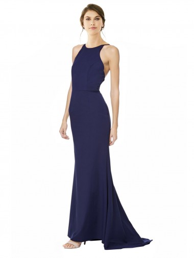 Online Blu navy Stile sirena Capestro Alto Collo Crespo Elastico Lunga Formali Abiti da damigella donore / Abiti da sera / Abiti da ballo