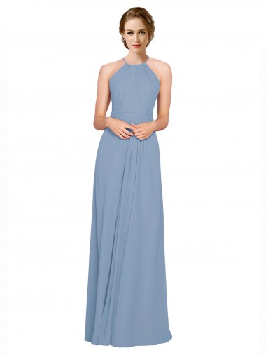 Online Blu polveroso Linea A Capestro Alto Collo Chiffona Lunga Abiti da damigella donore
