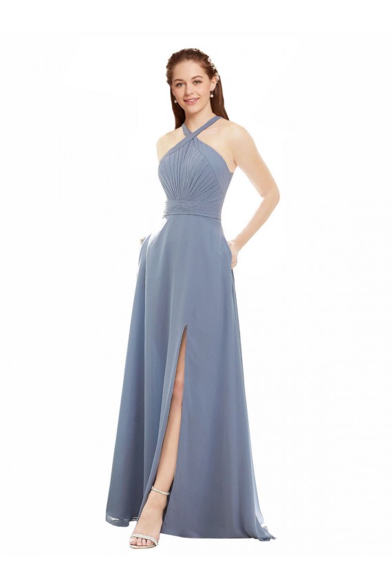 Online Blu polveroso Linea A Capestro Alto Collo Chiffona Lunga Abiti da damigella donore