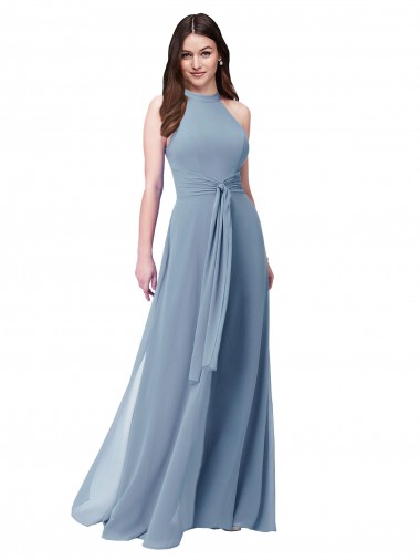 Online Blu polveroso Linea A Capestro Alto Collo Chiffona Lunga Abiti da damigella donore