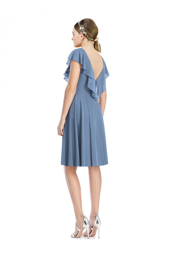 Online Blu polveroso Linea A Scollatura a V Al ginocchio cocktail Chiffona Corto Abiti da damigella donore