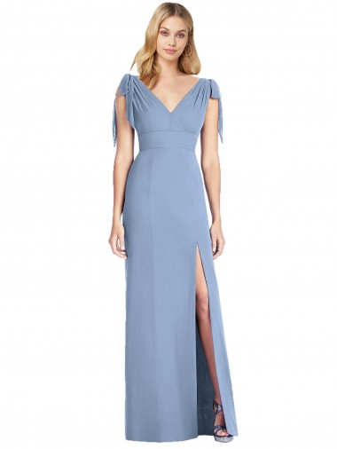 Online Blu polveroso Stile sirena Scollatura a V Chiffona Lunga Abiti da damigella donore