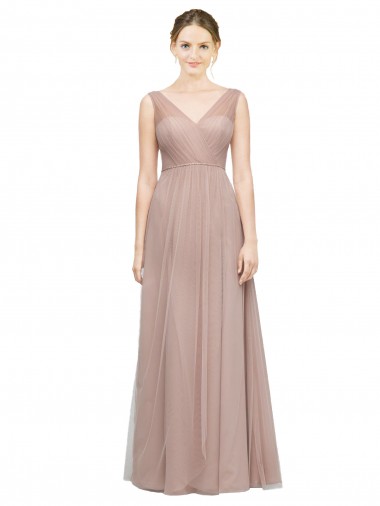 Online Blush Linea A Scollatura a V Tulle Lunga Abiti da damigella donore