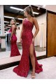 Online Borgogna Stile sirena Una spalla Sweep treno Paillettes Velluto Lunga Abiti da ballo