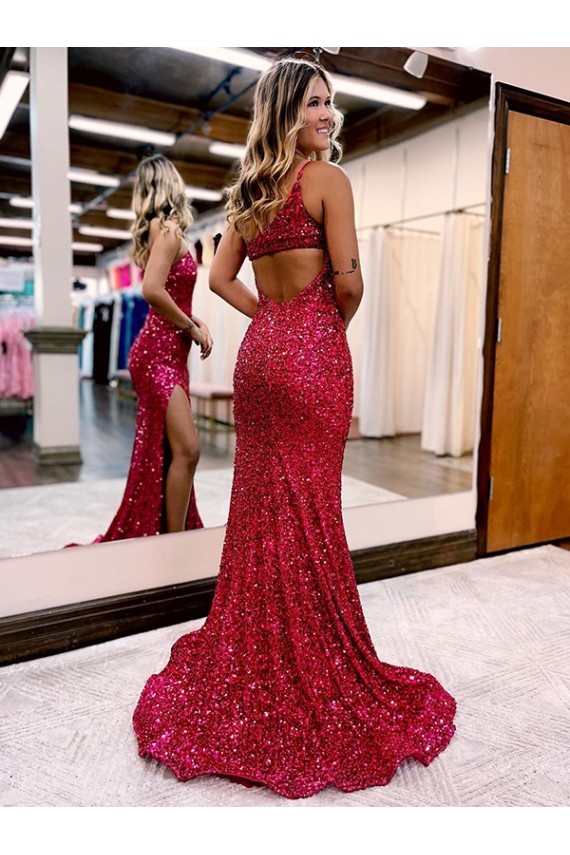 Online Borgogna Stile sirena Una spalla Sweep treno Paillettes Velluto Lunga Abiti da ballo