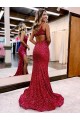 Online Borgogna Stile sirena Una spalla Sweep treno Paillettes Velluto Lunga Abiti da ballo