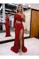 Online Borgogna Stile sirena Una spalla Sweep treno Paillettes Velluto Lunga Abiti da ballo
