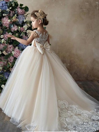 Online Champagne Abito da ballo Innamorato Tulle Pizzo Lunga Abiti da ragazza di fiori