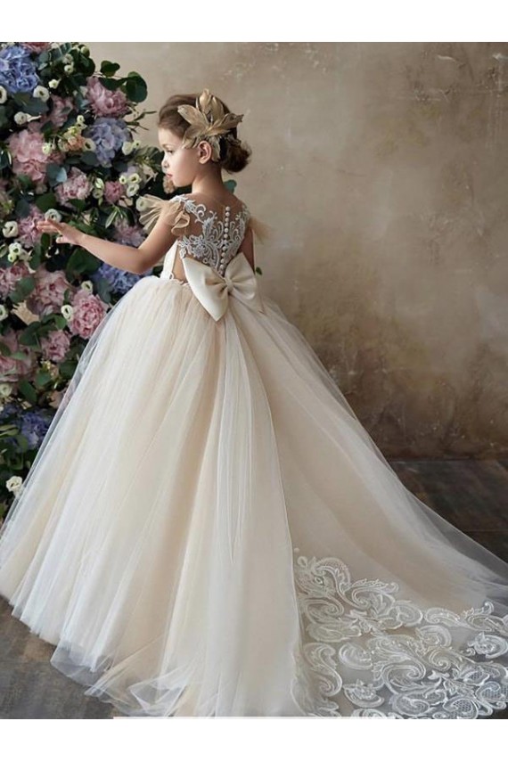 Online Champagne Abito da ballo Innamorato Tulle Pizzo Lunga Abiti da ragazza di fiori