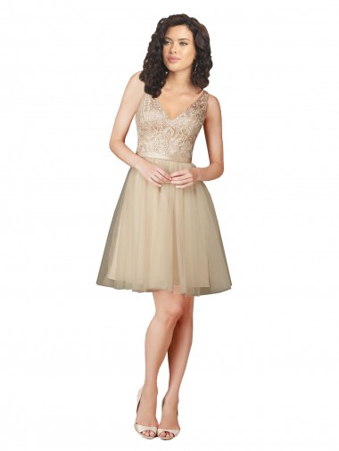 Online Champagne Linea A Scollatura a V Al ginocchio Tulle Pizzo Corto Abiti da damigella donore