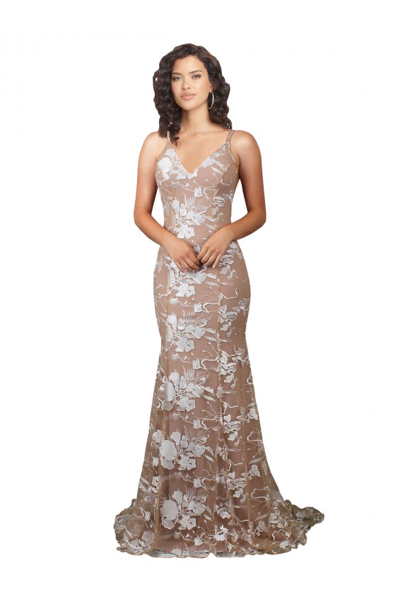 Online Champagne Stile sirena Scollatura a V Sweep treno Pizzo Abiti da sposa