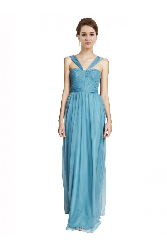 Online Cielo blu Linea A Sottili Capestro Scollatura a V Tulle Lunga Abiti da damigella donore