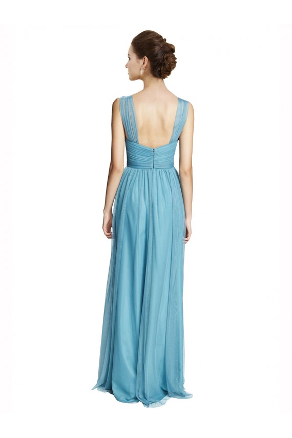 Online Cielo blu Linea A Sottili Capestro Scollatura a V Tulle Lunga Abiti da damigella donore