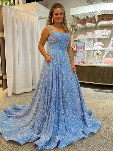 Online Colore Mostrato Linea A Scoop Paillettes Velluto Lunga Abiti da ballo