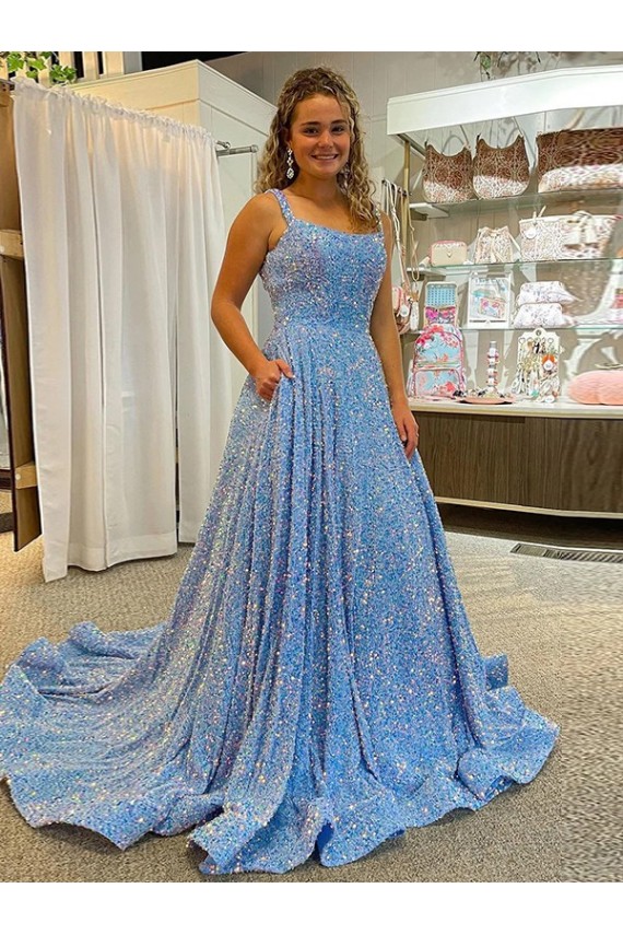 Online Colore Mostrato Linea A Scoop Paillettes Velluto Lunga Abiti da ballo