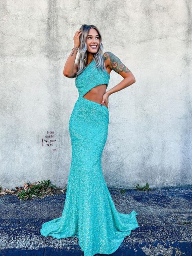 Online Colore Mostrato Stile sirena Una spalla Sweep treno Paillettes Velluto Lunga Abiti da ballo
