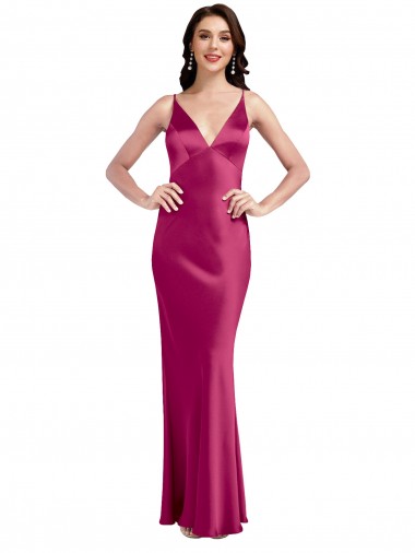 Online Fucsia Linea A Sottili Scollatura a V Raso Elastico Lunga Formali Abiti da damigella donore / Abiti da sera / Abiti da ballo