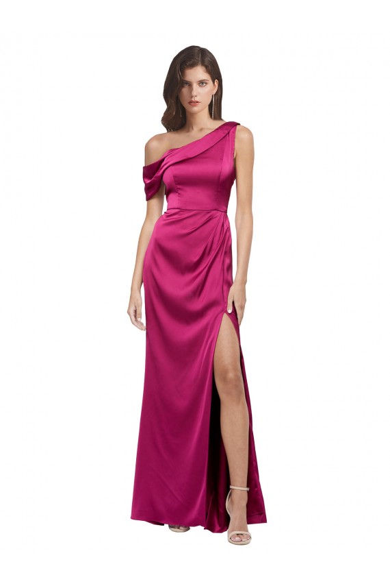 Online Fucsia Linea A Una spalla Raso Elastico Lunga Formali Abiti da damigella donore / Abiti da sera / Abiti da ballo