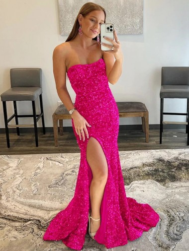 Online Fucsia Tubino Senza spalline Sweep treno Paillettes Velluto Lunga Abiti da ballo