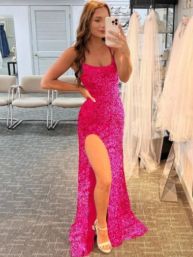 Online Fucsia Tubino Sottili Sweep treno Paillettes Velluto Lunga Abiti da ballo