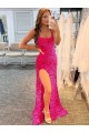 Online Fucsia Tubino Sottili Sweep treno Paillettes Velluto Lunga Abiti da ballo
