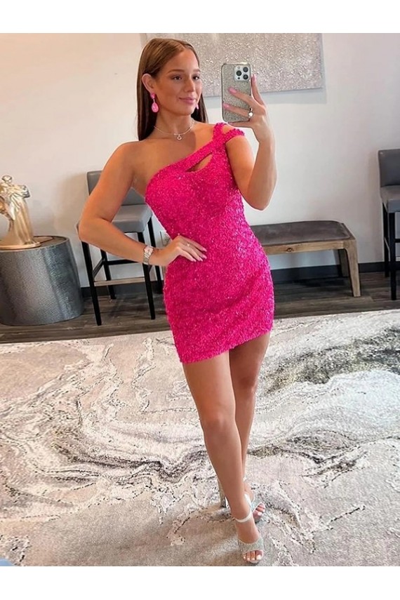 Online Fucsia Tubino Una spalla Corto Paillettes Velluto Corto Abiti da ballo