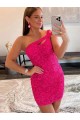 Online Fucsia Tubino Una spalla Corto Paillettes Velluto Corto Abiti da ballo