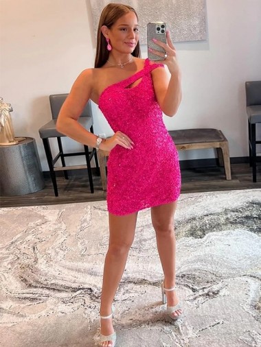 Online Fucsia Tubino Una spalla Corto Paillettes Velluto Corto Abiti da ballo