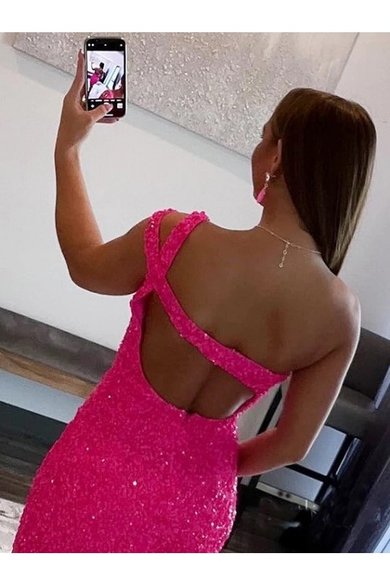 Online Fucsia Tubino Una spalla Corto Paillettes Velluto Corto Abiti da ballo