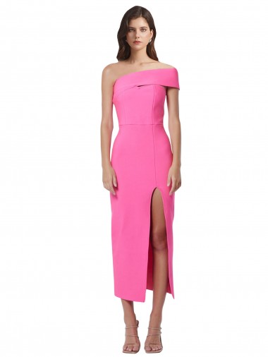 Online Fucsia Tubino Una spalla Midi Crespo Elastico Lunga Formali Abiti da damigella donore / Abiti da sera / Abiti da cocktail
