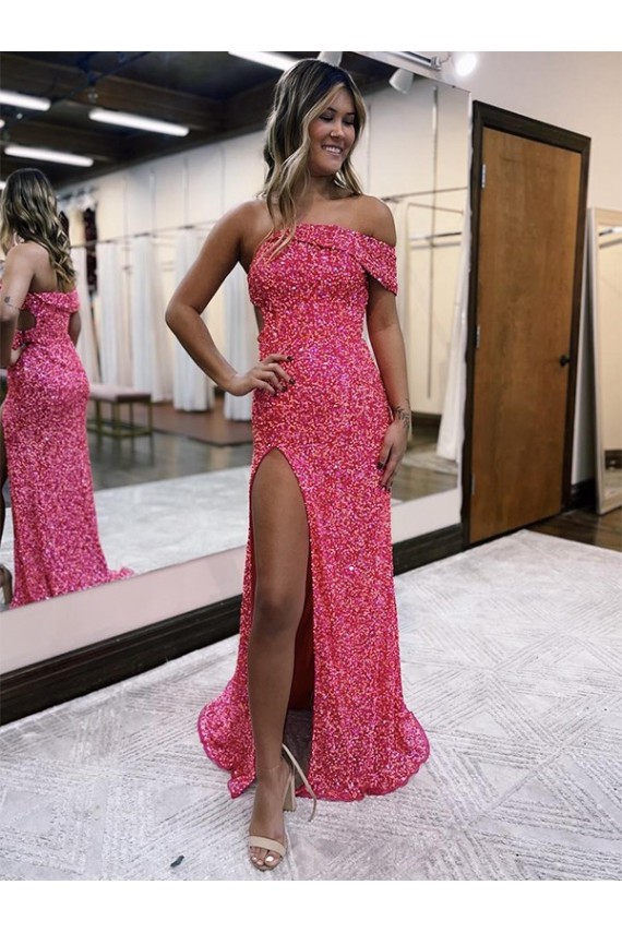 Online Fucsia Tubino Una spalla Sweep treno Paillettes Velluto Lunga Abiti da ballo