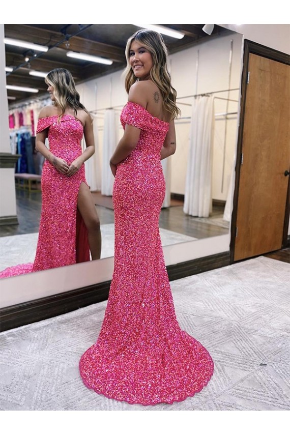 Online Fucsia Tubino Una spalla Sweep treno Paillettes Velluto Lunga Abiti da ballo