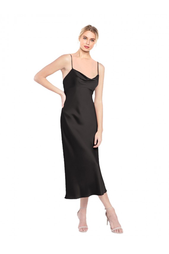 Online Nero Linea A Sottili Cappuccio Midi Raso Elastico Corto Abiti da damigella donore / Abiti da sera / Abiti da cocktail