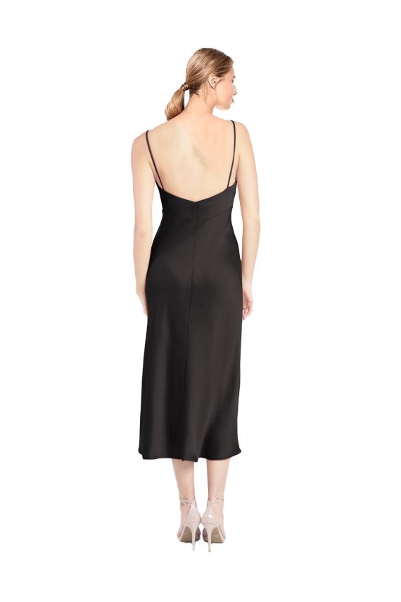 Online Nero Linea A Sottili Cappuccio Midi Raso Elastico Corto Abiti da damigella donore / Abiti da sera / Abiti da cocktail