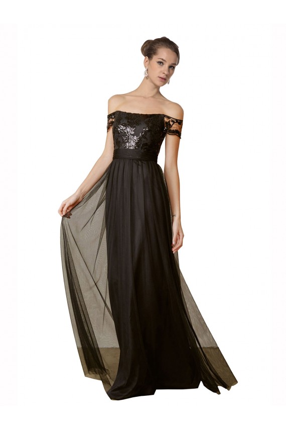 Online Nero Linea A Tulle Paillettes Lunga Abiti da damigella donore