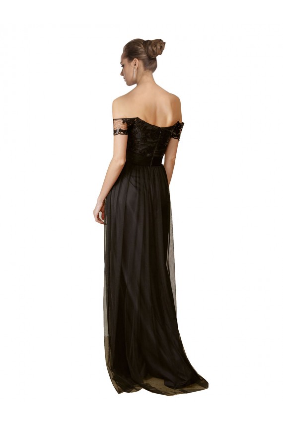 Online Nero Linea A Tulle Paillettes Lunga Abiti da damigella donore