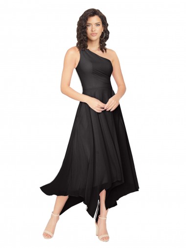 Online Nero Linea A Una spalla Senza spalline Midi Chiffona Corto Abiti da damigella donore / Abiti da cocktail